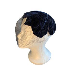 Ladies Blue Velvet Hat with Netting Vintage